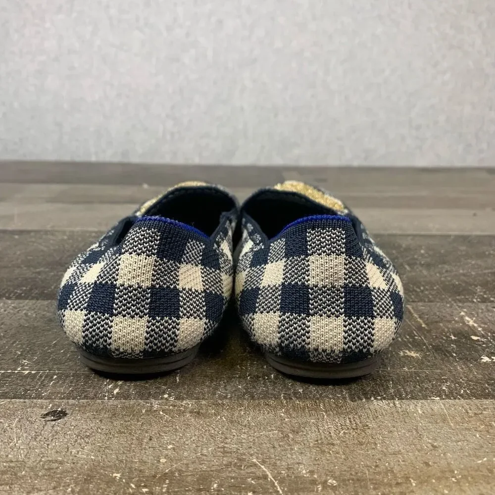 Rothy’s Big Girls Size 3 Gingham Loafers Gold Glitter Heart Plaid Ballet Flats